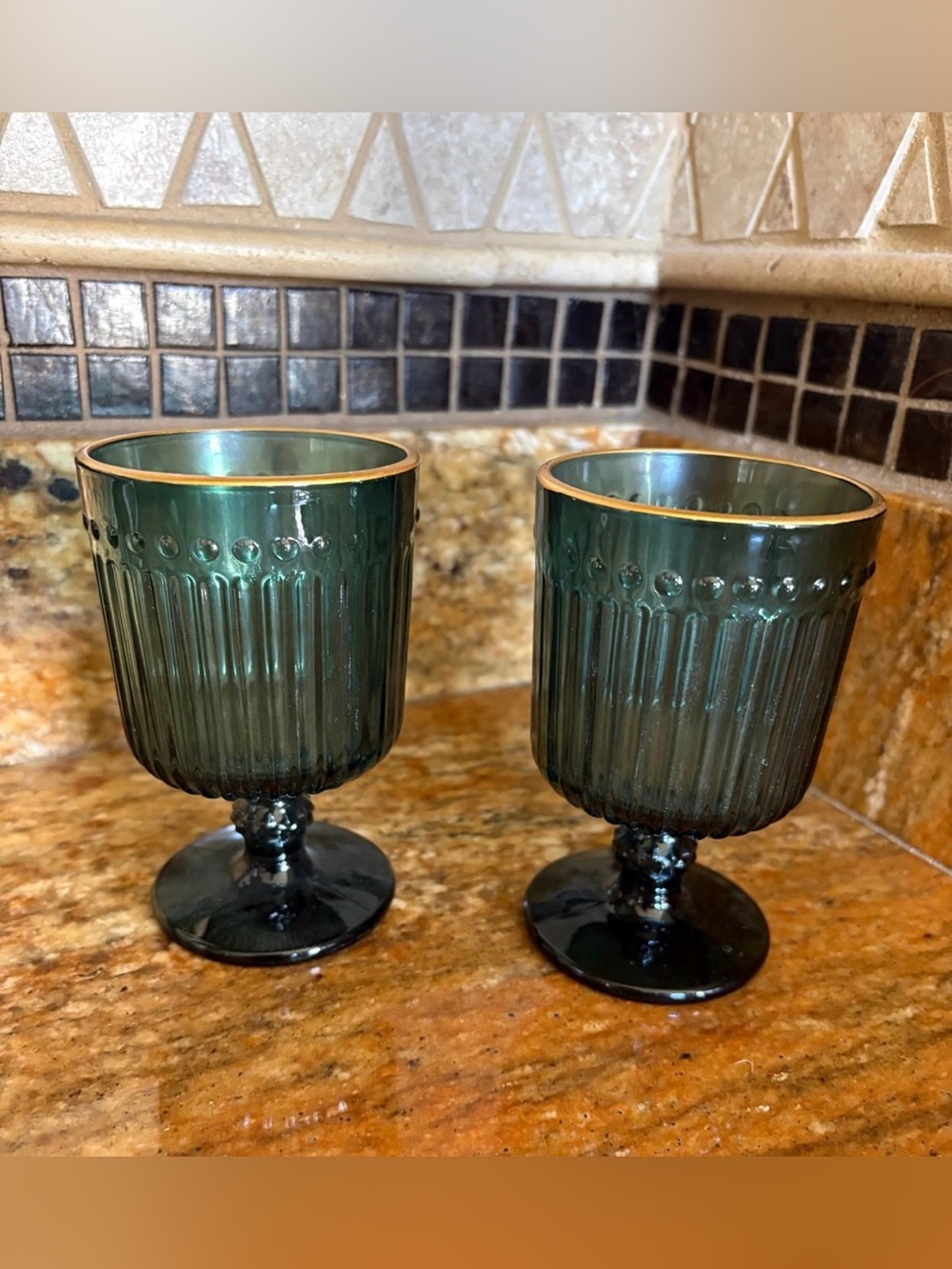 Pair of Vintage MCM Teal Goblets With Gold Trim